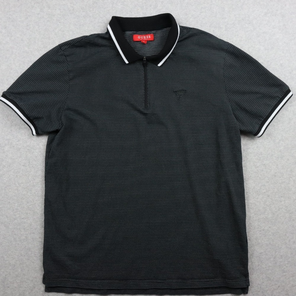 Guess Polo Shirt Mens Large 1/4 Zip Casual Knit Logo Black Pattern Short Sleeve